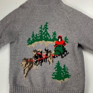 1960s Vintage Gray Hand-Knit Cowichan Cardigan with Dog Sled Design